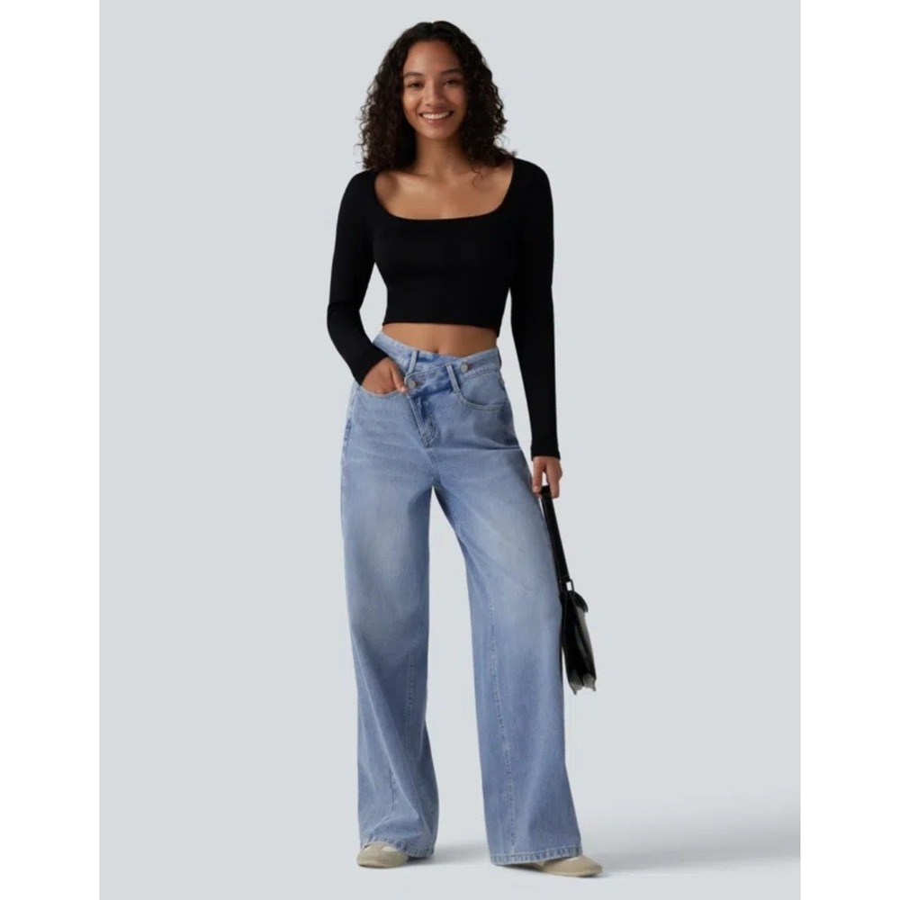Halara Flex Asymmetric High Waisted Washed Casual Baggy Jeans w/ Pockets Medium